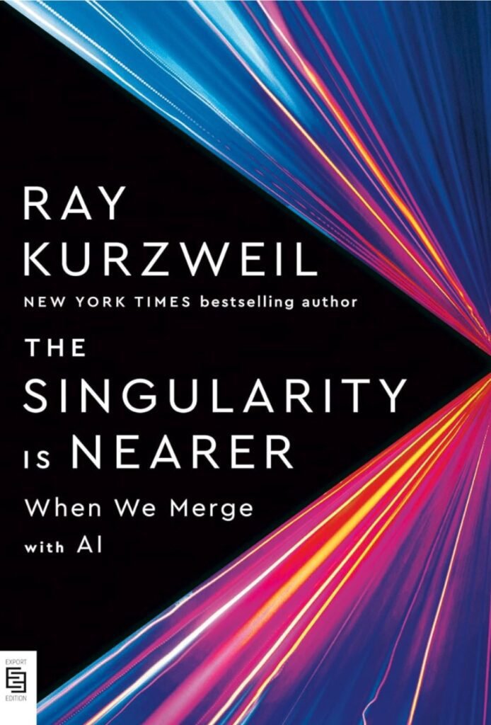 Book cover for "The Singularity is Nearer: When We Merge with AI" by Ray Kurzweil, featuring colorful light streaks radiating outward on a black background