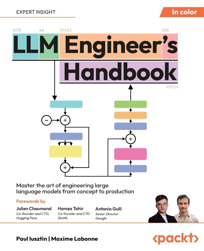 Book cover for "LLM Engineer's Handbook" by Paul Iusztin and Maxime Labonne, featuring a colorful flowchart design and the tagline "Master the art of engineering large language models from concept to production"